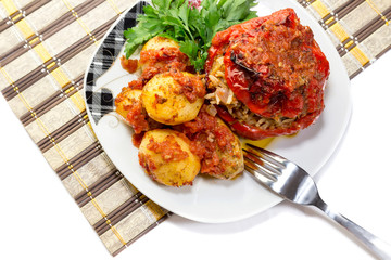 Thesweet peppers stuffed with vegetables with potatoes (Greek cuisine)