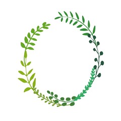 Oval frame made of branch, herbs, twigs and flowers. Wreath great to place any text, quote or logo. Green foliage isolated on white. Vector i