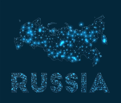 Russia Network Map. Abstract Geometric Map Of The Country. Internet Connections And Telecommunication Design. Beautiful Vector Illustration.