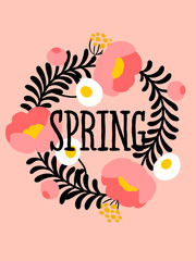 Vector illustration of abstract floral card with elegant flower and spring lettering. Pastel color poster with stylish blossoming plant