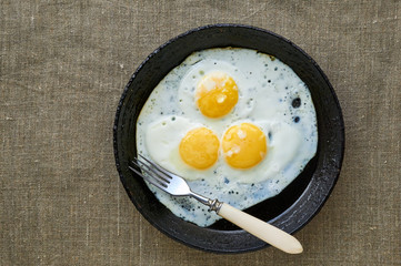 Fried eggs in a pan on a textile background 