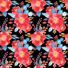 Floral seamless pattern with red flowers on black background. Watercolor illustration.