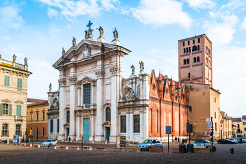 Fototapeta na wymiar The cathedral of San Pietro apostolo, the main place of worship in the city of Mantua in Sordello square