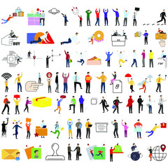 Set of 76 flat cartoon characters and icons on a white background. Various subjects, sports, technology, entertainment, finance, technology