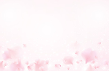 Petals of pink rose spa background. Realistic flying sakura cherry flower elements for romantic banner design. - obrazy, fototapety, plakaty