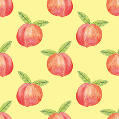 peaches and leaves watercolor seamless pattern. Background for design postcard, poster