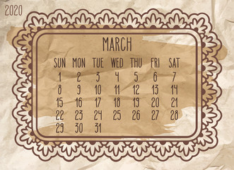 March year 2020 monthly frame calendar