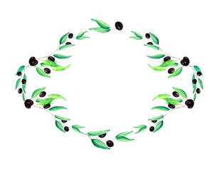 Watercolor frame with green leaves and olive berries with space for text on a white background. Botanical illustration for decoration of holiday posters, postcards, banners and invitations.