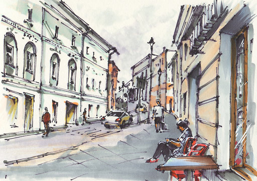 Urban sketch. Drawing markers.