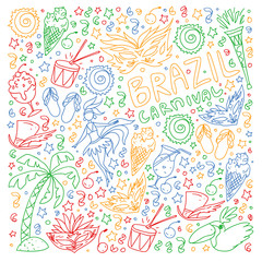 Brazilian vector pattern with palm, beach, sea, carnival. Brazil icons for posters and banners.