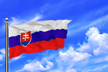 Slovak Republic Red Blue White National Flag Waving In The Wind On A Beautiful Summer Blue Sky