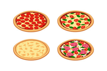 Tasty isometric pizza set. Four cheese, margherita, pepperoni isolated on white background. 3d traditional italian fast food icon collection. Flat vector illustration for web, advert, menu