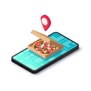 Online Fast Food Delivery Service 3d Concept. Isometric Pizza In Box With Map Pointer On Smartphone Screen With City Map Isolated. Vector Illustration For Web, Advert, Italian Menu, Mobile App