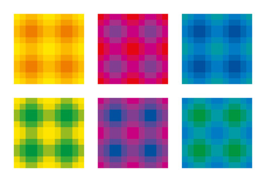 Six colorful check pattern, seamless square tiles. Also called checker or chequer. Step patterns are textures, used for textiles. Horizontal and vertical lines forming squares. Illustration. Vector.