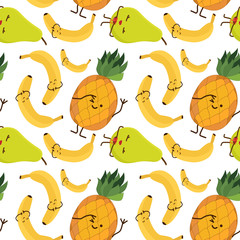 kawaii fruits and vegetables seamless pattern with face expression on white color background. pepper, tomato, raspberry.