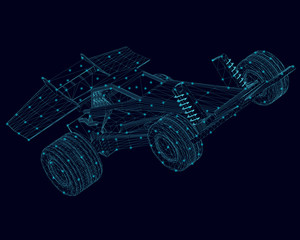 Wireframe of a toy racing car of blue lines with luminous lights on a dark background. View perspective. 3D. Vector illustration