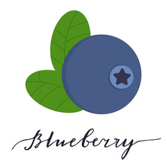 Blueberry with leaves isolated icon. Hand drawn lettering.