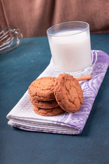 Cup of milk with cinnamon biscuits on tablecloth