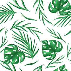 Obraz na płótnie Canvas Jungle leaf branch seamless pattern on white background. Isolated elements. Illustration for textile, restourants, flower shops.