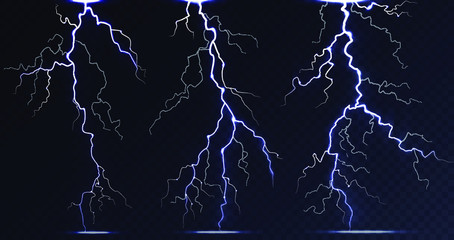 Set of realistic lightning for design. Storm. Bright effects. Vector illustration