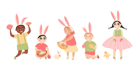 Easter images. Children with painted eggs in their hands, cute chicken and rabbit isolated on white background.