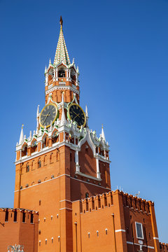 Kremlin fortress Spasskaya Tower on Red Square in Moscow, Russia