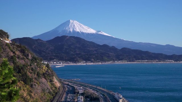 Fuji seen from the Satta pass, the sea and highway and root1 of Japan.