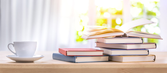 stack book on wooden table