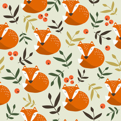 Colorful seamless pattern with foxes, leaves, berries. Decorative cute wallpaper, good for printing. Overlapping background vector. Backdrop with animals