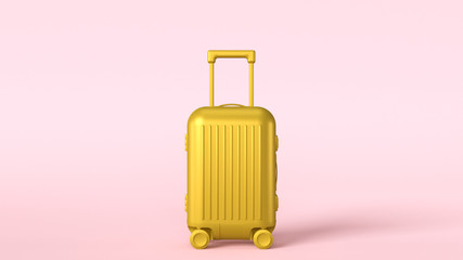 Gold baggage trolley on pink background,  luggage concept, 3d illustration. Cabin size suitcase travel bag, pink, gold feminine colors, summer vacation concept, modern background. Traveling luggage.