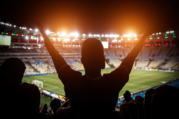 Football fans support team on crowded soccer stadium.
