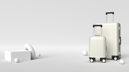 White luggage set on white background, studio room, geometric shapes, minimalist travel concept. Baggage accessory suitcase in different sizes, hard plastic cover, handle, wheel design, luggage mockup