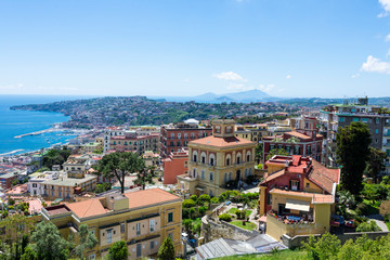Fototapeta na wymiar Aerial view from hilltop over Naples, Italy. View on Old Town of Naples from Castel Sant'Elmo. Sunny spring day.