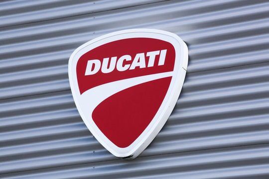Lyon, France - August 15, 2019:  Ducati logo on a wall. Ducati is an Italian company that designs and manufactures motorcycles, headquartered in Bologna, Italy