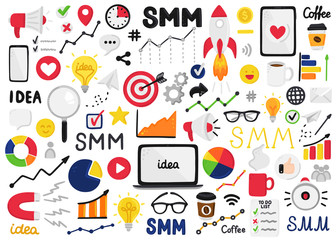 Vector set of smm elements. Social Media Marketing. Reach and promotion among target audience. Clip art is for banner, advertising, mailing list, website, training presentation for marketers, posts