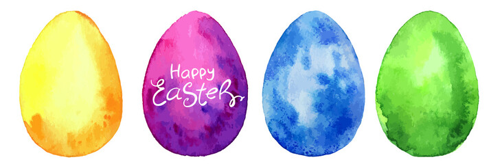 Set of colorful watercolor easter eggs on white background. Vector illustration. Spring holiday card. Perfect for greeting card, invitation, postcard, print.