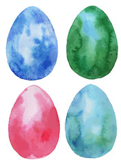 Set of colorful watercolor easter eggs on white background. Vector illustration. Spring holiday card. Perfect for greeting card, invitation, postcard, print.