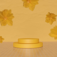 3D podium, pedestal with levitating pink yellow flowers. Color stand for product promotion. Abstract platform. Spring and summer concept for banner. Minimalist mockup podium 3d render with copy space.