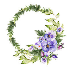 Watercolor colorful  wreath with pansy flowers. 