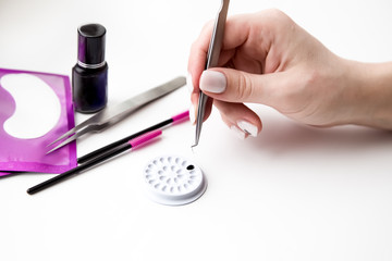 tools for eyelash extension in a beauty salon