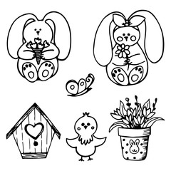 Black-white linear doodle set with Easter bunnies, birdhouse, chicken, butterfly, flower pot. Hand-drawn holiday illustration for the design of postcards, banners, children's rooms.