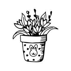 Black-white linear doodle of a flower pot. Hand-drawn holiday illustration for the design of postcards, banners, children's rooms.