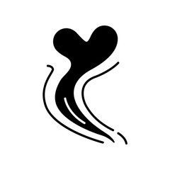 Odor black glyph icon. Good smell. Aroma swirl with heart shape. Nice perfume scent wave. Smoke puff, steam curl, evaporation. Silhouette symbol on white space. Vector isolated illustration