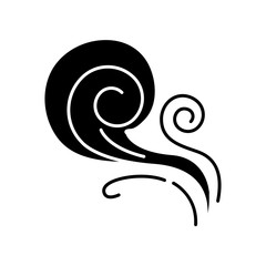 Wind whirl black glyph icon. Cold fresh air swirl. Whirlwind. Good smell, evaporation. Aromatic fragrance. Blowing wind spirals, fume. Silhouette symbol on white space. Vector isolated illustration