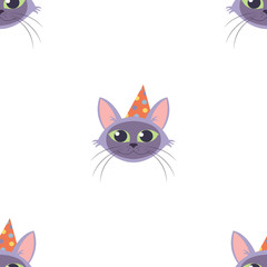 Vector Cat head for cat's birthday celebration greeting card or invitation banners seamless pattern.