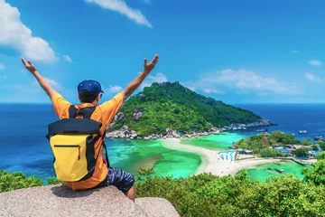 Outdoor adventure man traveler on top island joy fun beautiful nature scenic landscape vacation beach Koh Nang Yuan Attraction landmark tourist travel Thailand summer holiday, Tourism destination Asia © day2505
