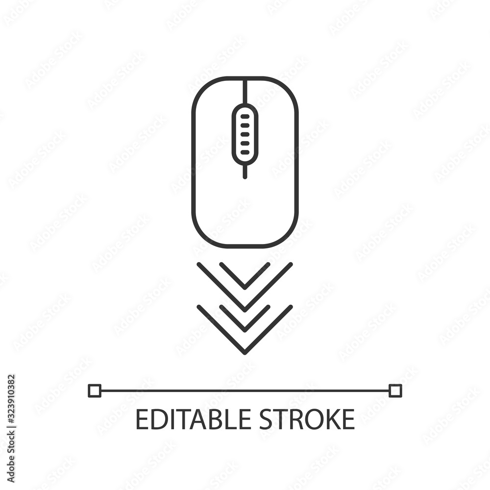 Poster scrolling mouse pixel perfect linear icon. internet page browsing gesture, arrowheads indicator. thi