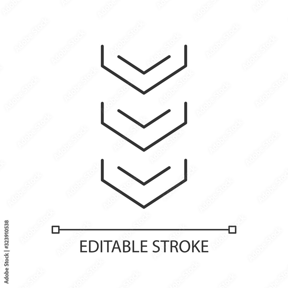 Poster scrolling down arrows button pixel perfect linear icon. three downward arrowheads. thin line customi