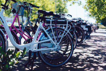 Fototapeta na wymiar Many bicycles parked at city urban setting free for public riding at street town during sunny summer day in Amsterdam, concept of healthy fitness lifestyle and ecological vehicle transport