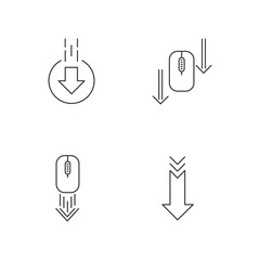 Computer mouse and arrowheads pixel perfect linear icons set. Website page scrollingdown cursor. Customizable thin line contour symbols. Isolated vector outline illustrations. Editable stroke